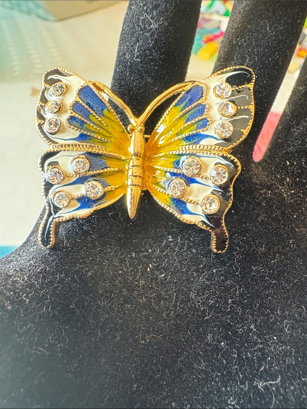 Gold Butterfly Brooch with Blue and Yellow Enamel and Crystal Accents
